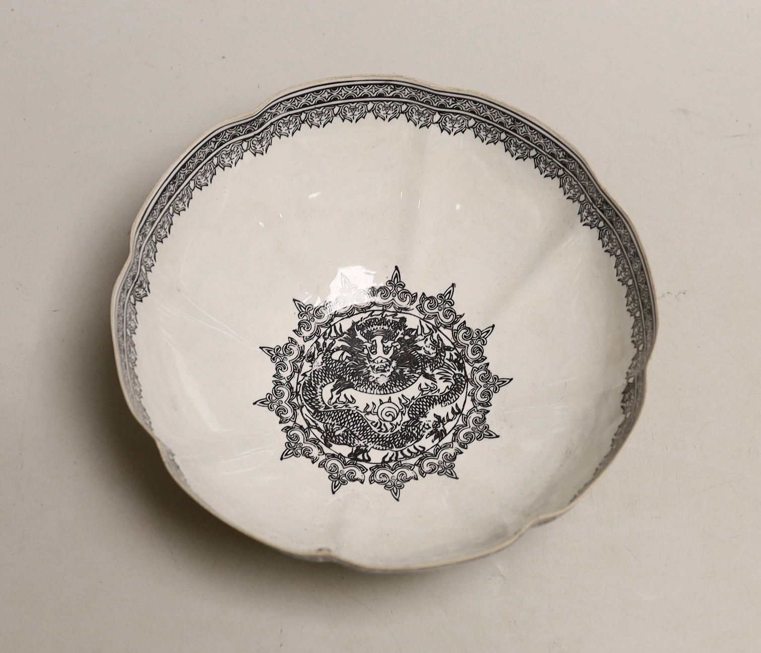 A Chinese eggshell bowl in fitted box, decorated with a mountainous landscape, 18cm in diameter